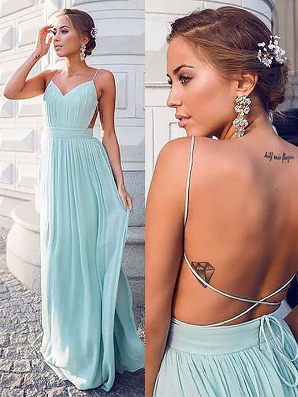 A-Line Spaghetti Straps Sleeveless Floor-Length With Ruched Chiffon Prom Dresses Hover Image