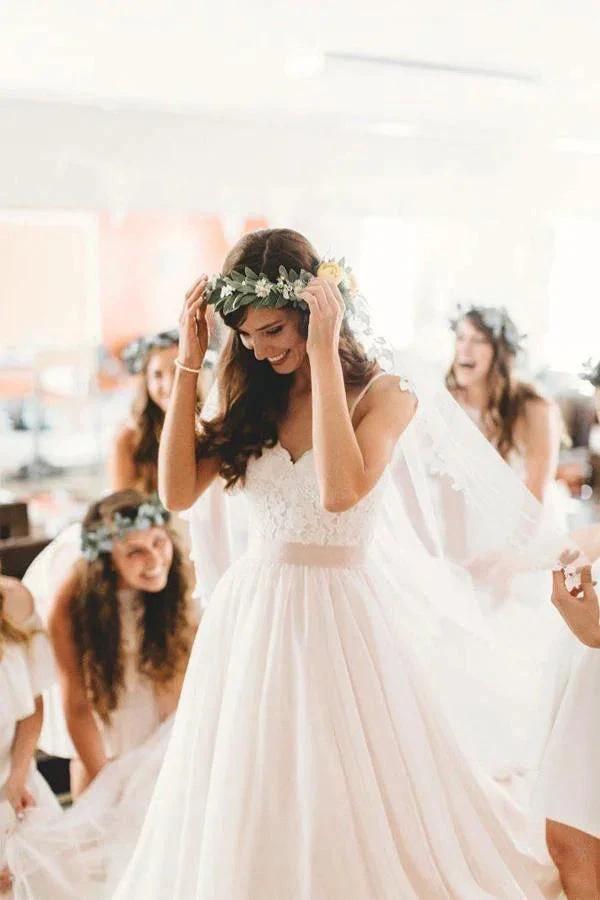A-Line Spaghetti Straps Sleeveless Wedding Dress With Court Train WD541 by pgmdress