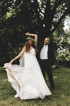 A-Line Spaghetti Straps Sleeveless Wedding Dress With Court Train WD541 by pgmdress