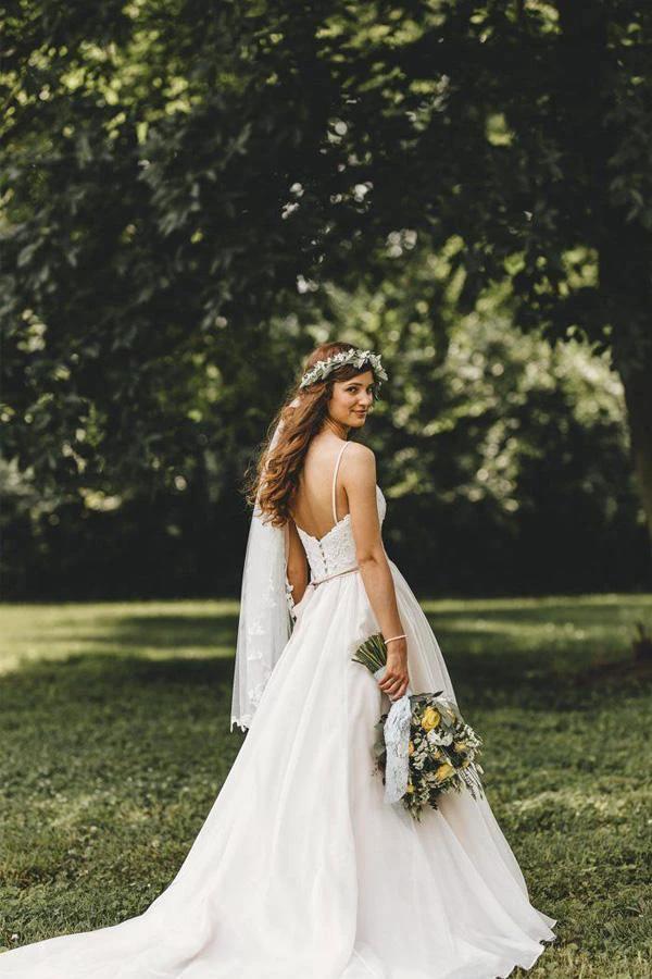 A-Line Spaghetti Straps Sleeveless Wedding Dress With Court Train WD541 by pgmdress