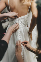A-Line Spaghetti Straps Sleeveless Wedding Dress With Court Train WD541 by pgmdress