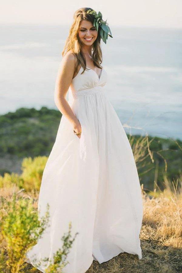 A-Line Spaghetti Straps Sweep Train Chiffon Wedding Dress WD240 by pgmdress