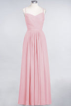 A-Line Spaghetti-Straps Sweetheart Sleeveless Bridesmaid Dress Ruffles Chiffon Evening Maxi Gown
