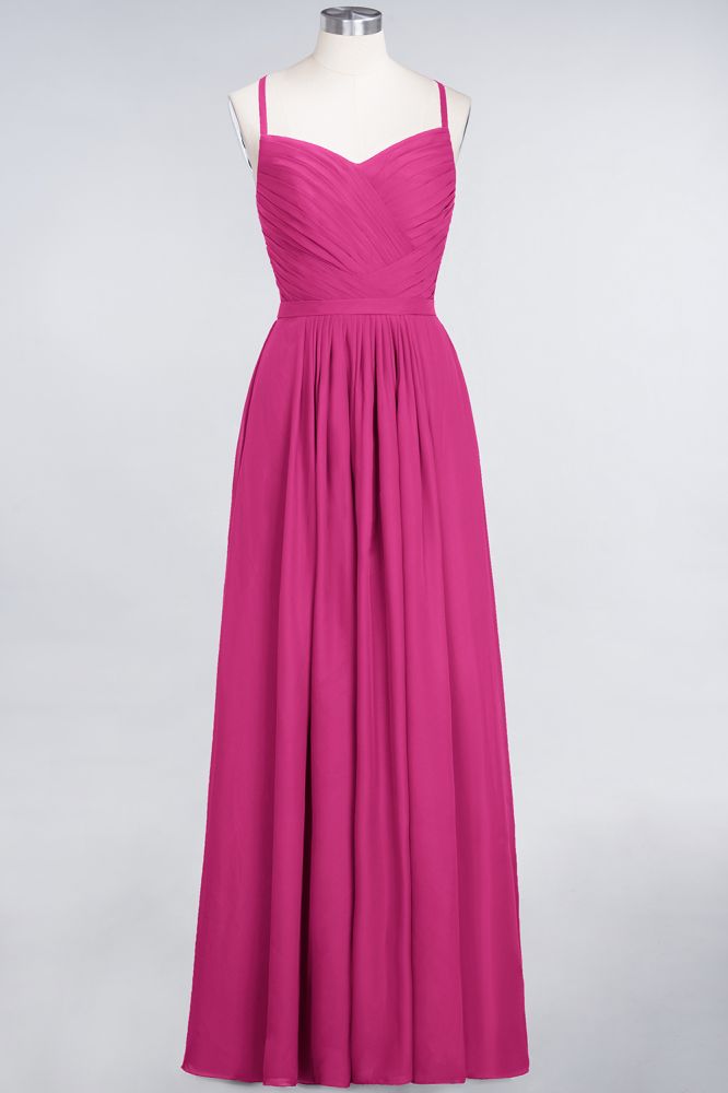 A-Line Spaghetti-Straps Sweetheart Sleeveless Bridesmaid Dress Ruffles Chiffon Evening Maxi Gown