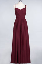 A-Line Spaghetti-Straps Sweetheart Sleeveless Bridesmaid Dress Ruffles Chiffon Evening Maxi Gown