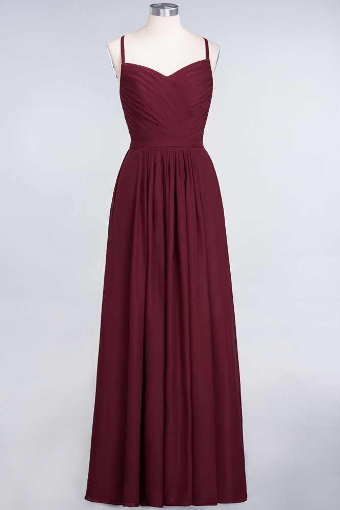 A-Line Spaghetti-Straps Sweetheart Sleeveless Bridesmaid Dress Ruffles Chiffon Evening Maxi Gown