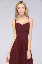 A-Line Spaghetti-Straps Sweetheart Sleeveless Bridesmaid Dress Ruffles Chiffon Evening Maxi Gown