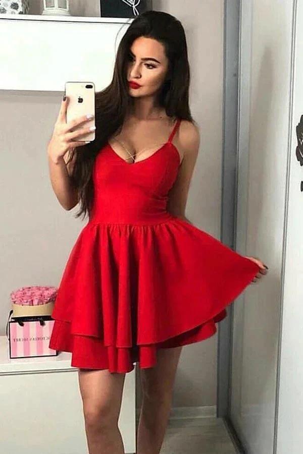 A-Line Spaghetti Straps Tiered Satin Homecoming Dress Party Dress PD069 by pgmdress