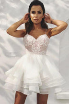 A-Line Spaghetti Straps Tiered White Homecoming Dress with Appliques PD405 by pgmdress
