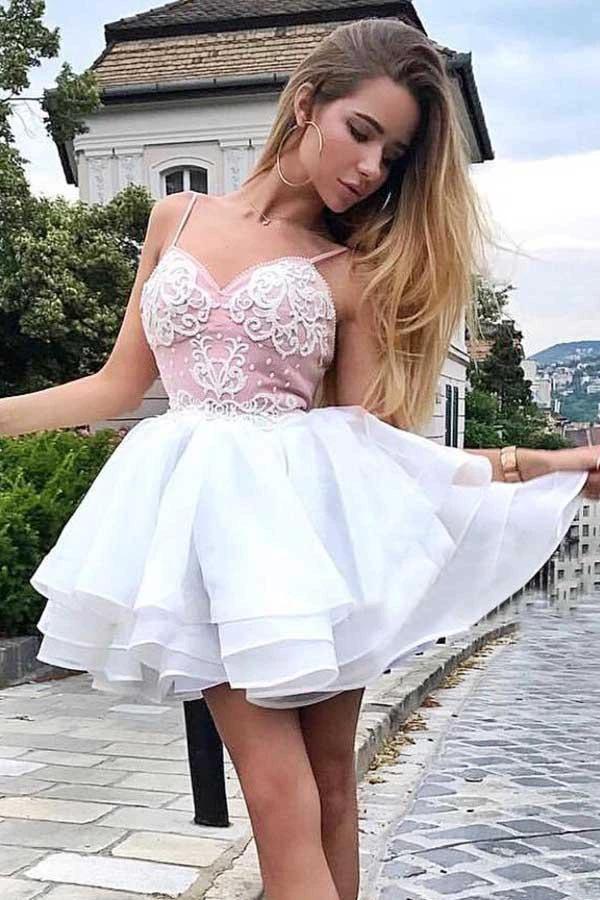 A-Line Spaghetti Straps Tiered White Homecoming Dress with Appliques PD405 by pgmdress
