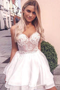 A-Line Spaghetti Straps Tiered White Homecoming Dress with Appliques PD405 by pgmdress