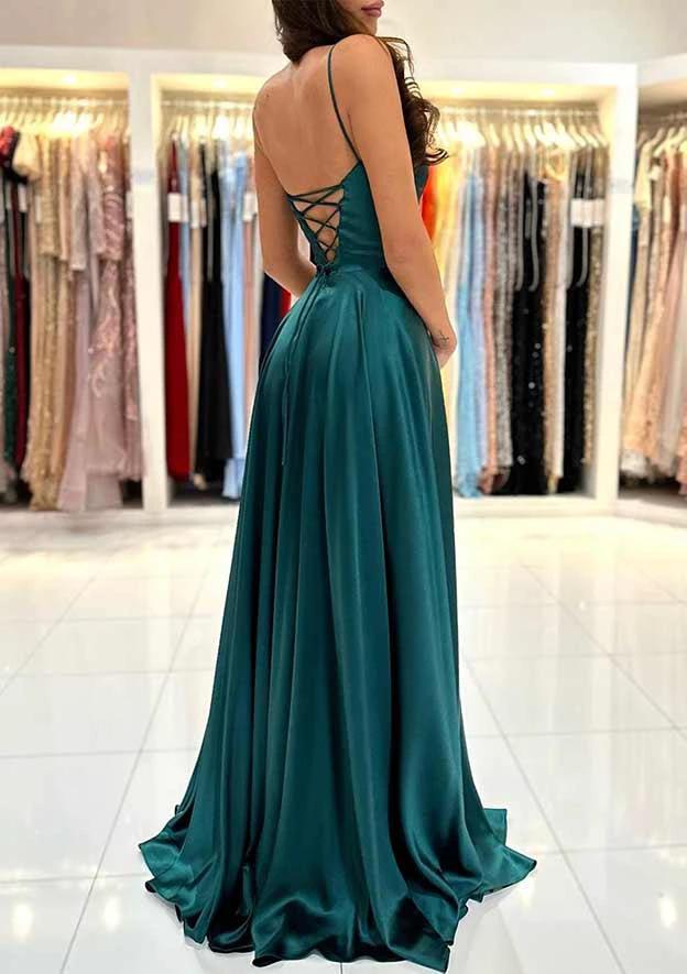 A-line Square Neckline Spaghetti Straps Backless Long Prom Dress with Split by Biztunnel
