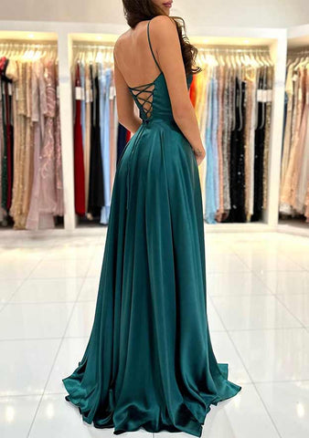 A-Linie, quadratischer Ausschnitt, Spaghettiträger, rückenfrei, langes Ballkleid mit Schlitz