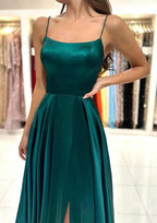 A-line Square Neckline Spaghetti Straps Backless Long Prom Dress with Split by Biztunnel