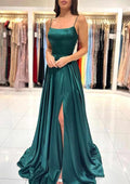 A-line Square Neckline Spaghetti Straps Backless Long Prom Dress with Split by Biztunnel
