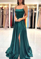 A-line Square Neckline Spaghetti Straps Backless Long Prom Dress with Split by Biztunnel