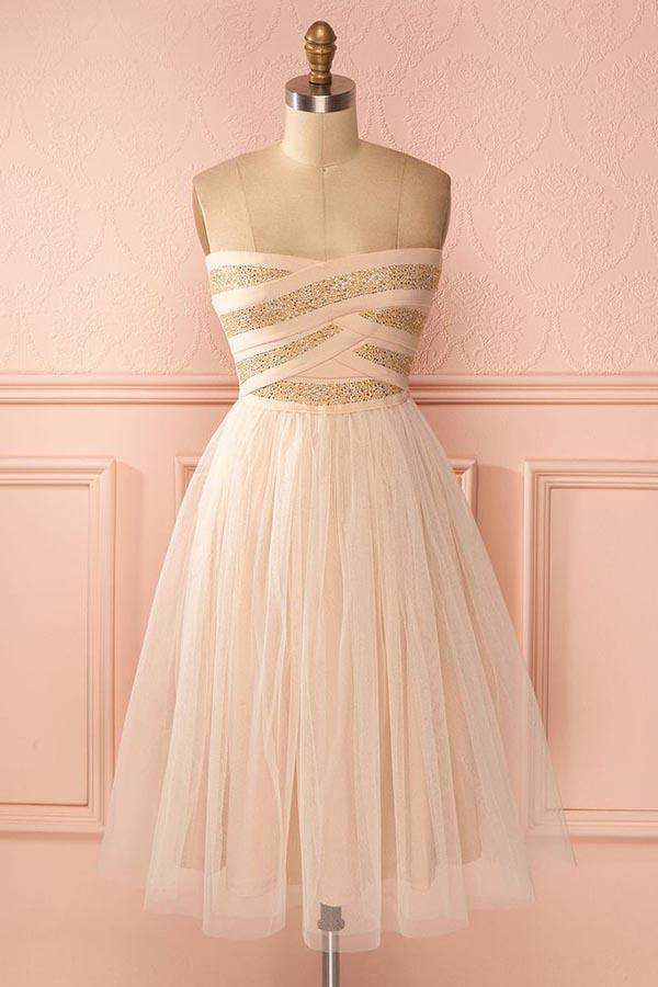 A-Line Strapless Knee-Length Sweetheart Tulle Homecoming Dress PD137 Hover Image