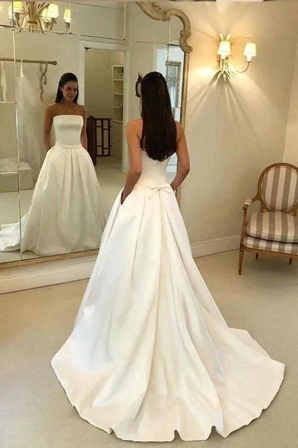A-line Strapless Open Back Satin Ivory Wedding Dress with Pockets WD395 by pgmdress