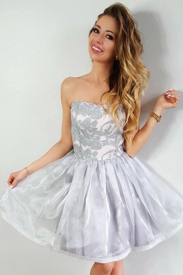 A-Line Strapless Short Organza Homecoming Party Dress with Appliques PD291 Hover Image