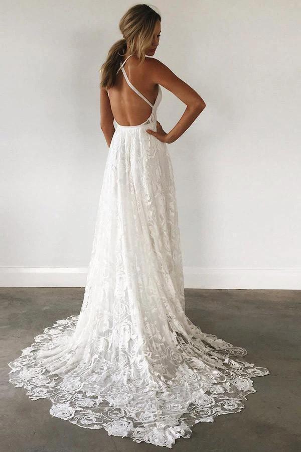 A-Line Straps Backless Court Train Lace Beach Wedding Dress WD108 by pgmdress