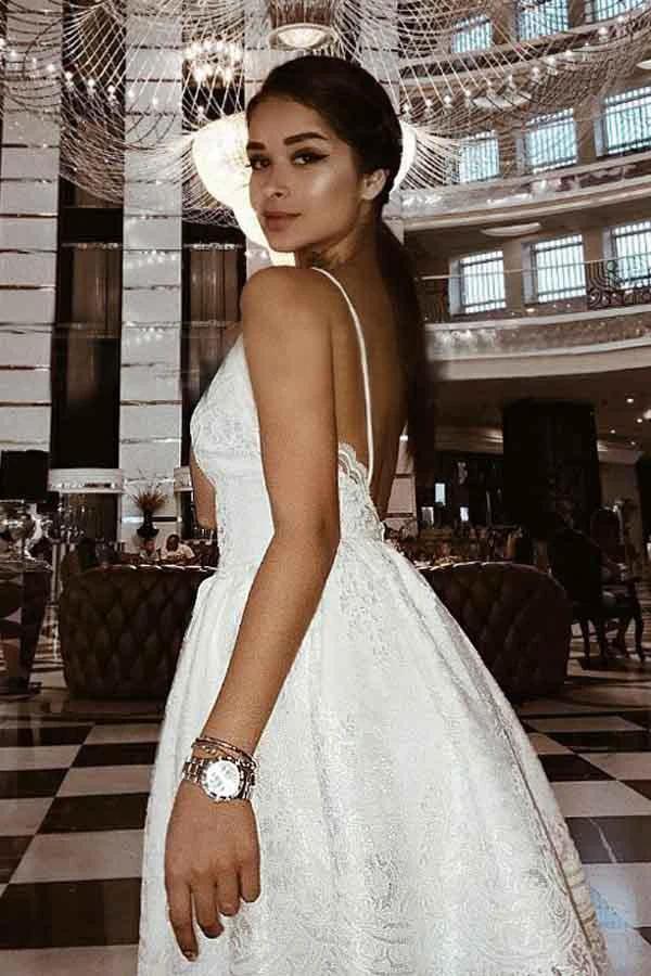 A-Line Straps Backless White Lace Homecoming Dress with Appliques PD209 by pgmdress