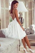 A-Line Straps Backless White Lace Homecoming Dress with Appliques PD209 by pgmdress