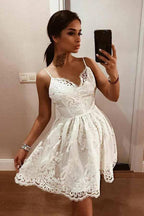 A-Line Straps Backless White Lace Homecoming Dress with Appliques PD209 by pgmdress