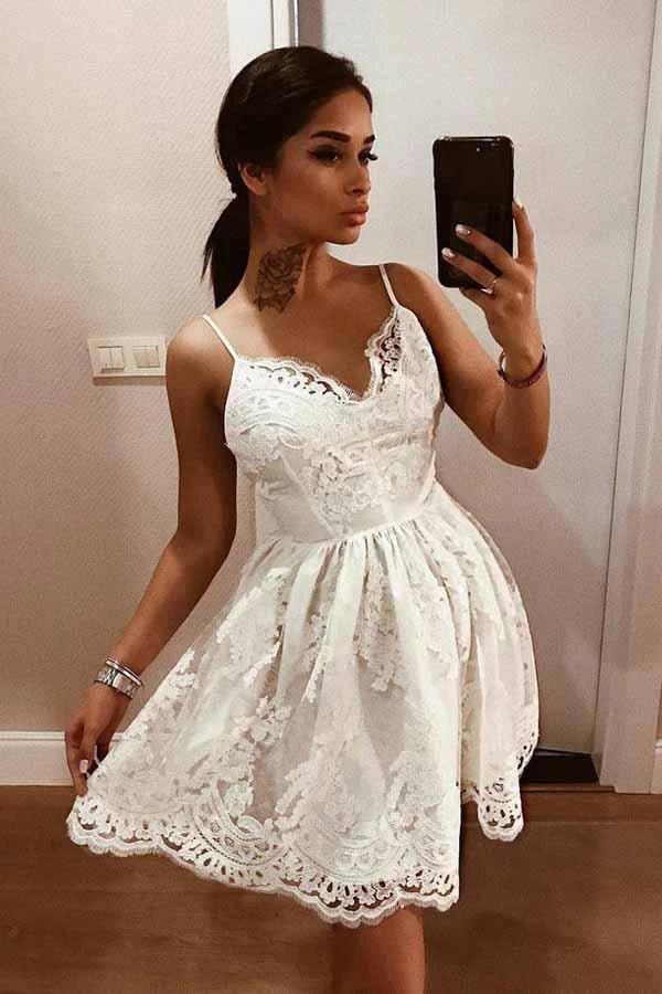 A-Line Straps Backless White Lace Homecoming Dress with Appliques PD209 by pgmdress