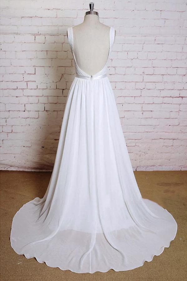 A-line Straps Court Train Chiffon Appliques Backless Wedding Dresses WD172 by pgmdress