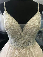 A-Line Straps Ivory Tulle Wedding Dress with Appliques Beading WD228 by pgmdress