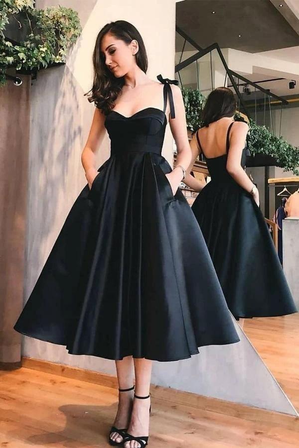 A-Line Straps Mid-Calf Sky Blue Satin Homecoming Dress with Pockets PD057 by pgmdress