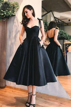 A-Line Straps Mid-Calf Sky Blue Satin Homecoming Dress with Pockets PD057 by pgmdress