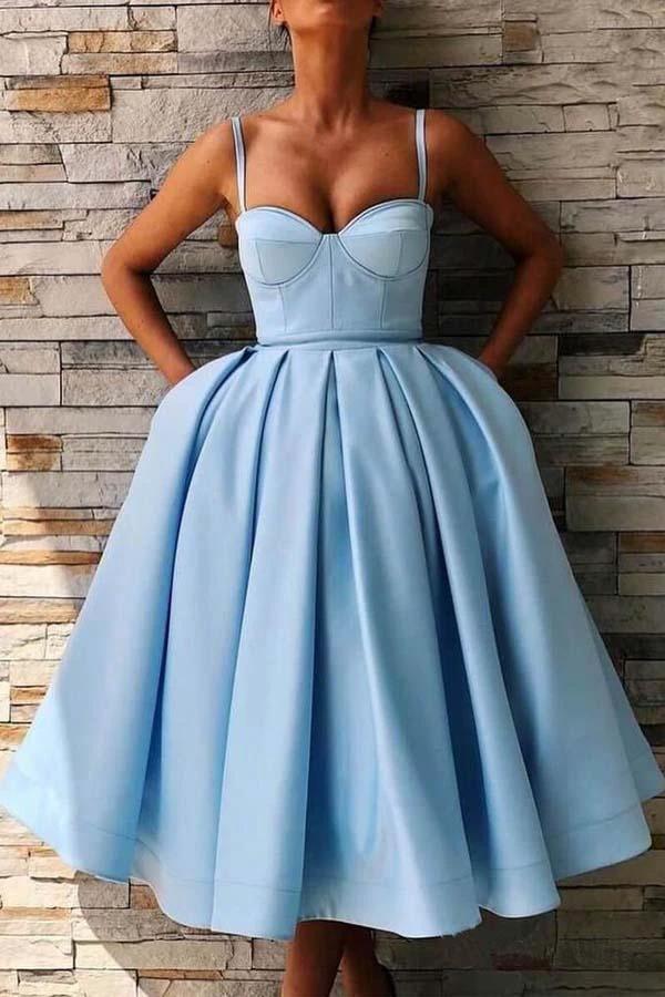 A-Line Straps Mid-Calf Sky Blue Satin Homecoming Dress with Pockets PD057 by pgmdress