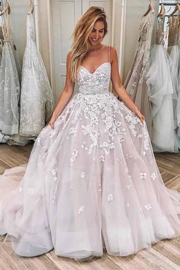 A-line Straps Sweetheart Appliques Tulle Long Wedding Dress WD369 by pgmdress