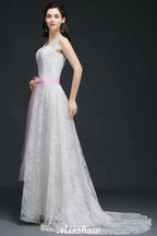 A-line Straps White Wedding Dress With Bowknot by misshow.com