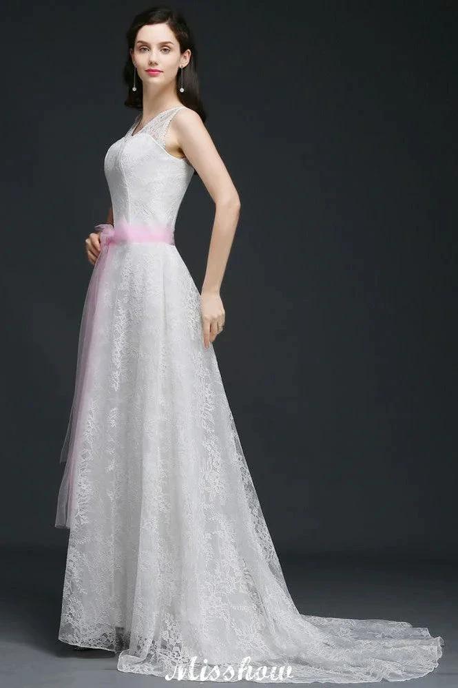A-line Straps White Wedding Dress With Bowknot by misshow.com
