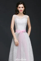 A-line Straps White Wedding Dress With Bowknot by misshow.com