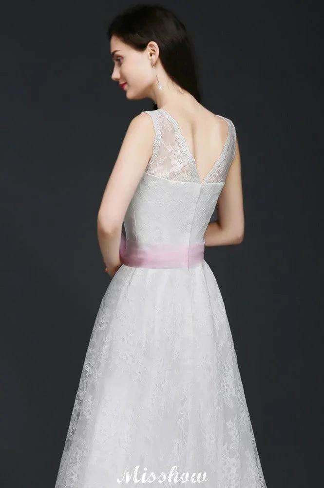 A-line Straps White Wedding Dress With Bowknot by misshow.com