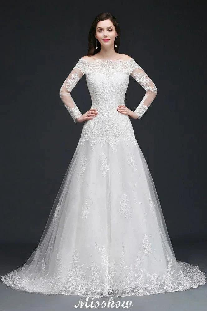 A-line Sweep-train Ivory Wedding Dress with Lace by misshow.com