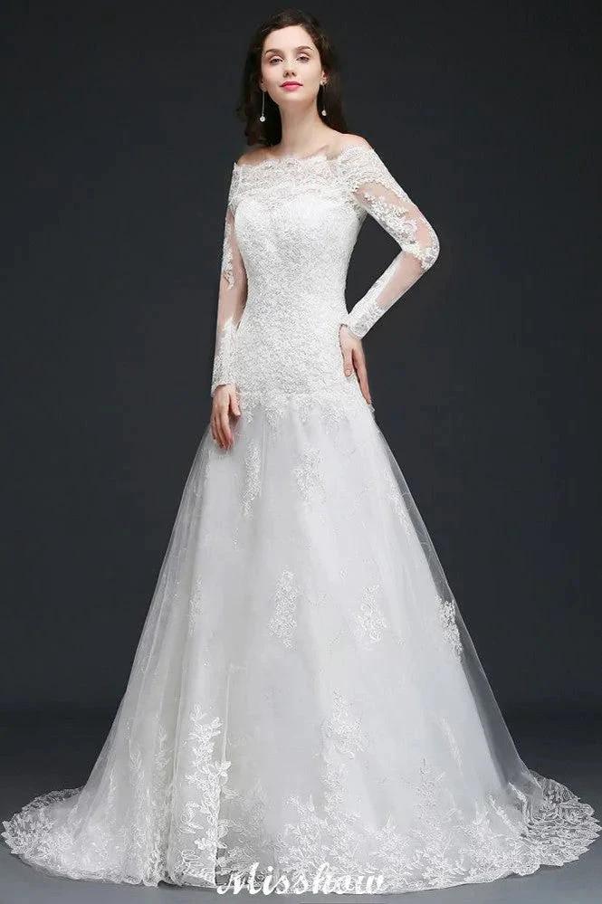 A-line Sweep-train Ivory Wedding Dress with Lace by misshow.com