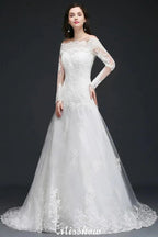 A-line Sweep-train Ivory Wedding Dress with Lace by misshow.com