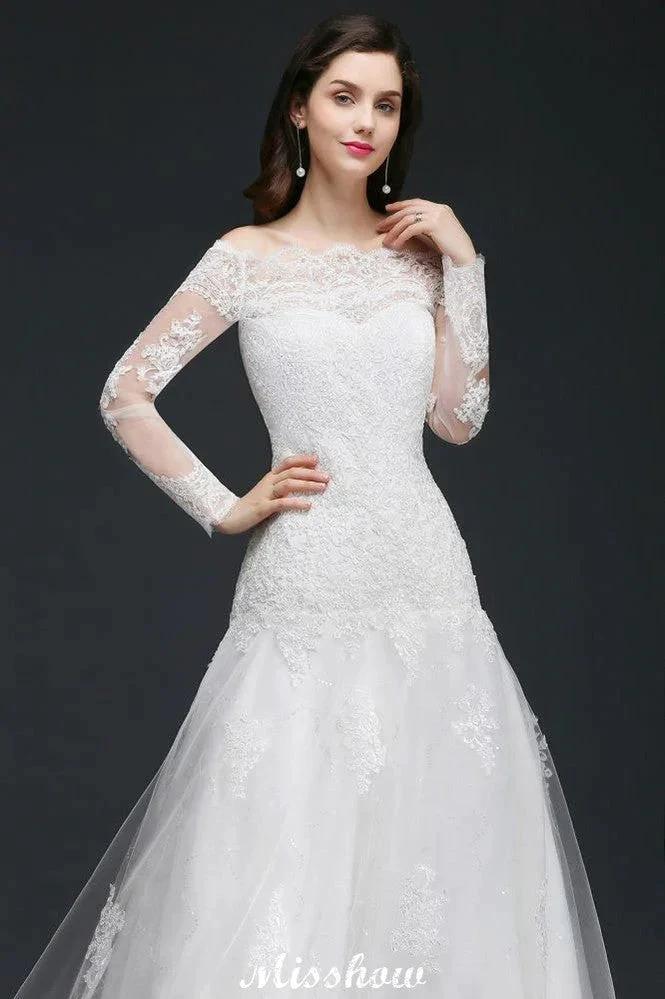 A-line Sweep-train Ivory Wedding Dress with Lace by misshow.com