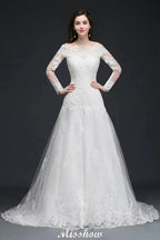A-line Sweep-train Ivory Wedding Dress with Lace by misshow.com