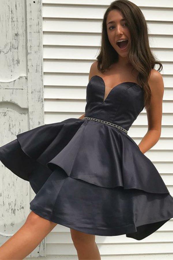 A-Line Sweetheart  Black Satin Homecoming Dress with Ruffles Beading PD165 Hover Image