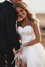A-Line Sweetheart Court Train Tulle Wedding Dress with Appliques WD325 by pgmdress