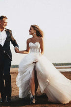 A-Line Sweetheart Court Train Tulle Wedding Dress with Appliques WD325 by pgmdress