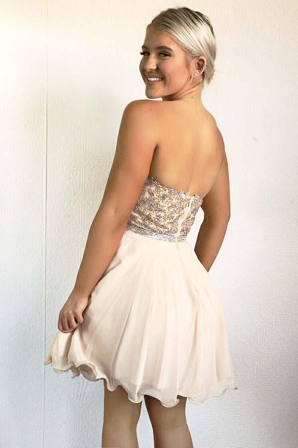 Vestido de Regresso a Casa em Chiffon Rosa Pérola com Decote Coração e Contas A-Line PD029