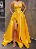 A-line Sweetheart Satin Graduation Prom Dresses Long Formal Gowns with Slit by BIZTUNNEL