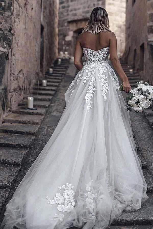 A-Line Sweetheart Sleeveless Sweep Train Tulle Wedding Dress WD295 by pgmdress