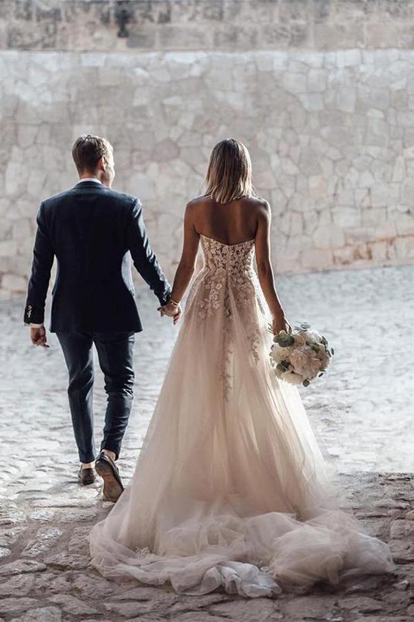 A-Line Sweetheart Sleeveless Sweep Train Tulle Wedding Dress WD295 by pgmdress